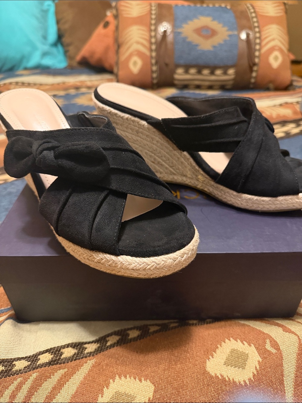 Black Knotted Espadrille Wedge Mules - Women